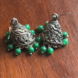 Elegant Silver and Green Jhumka Earrings